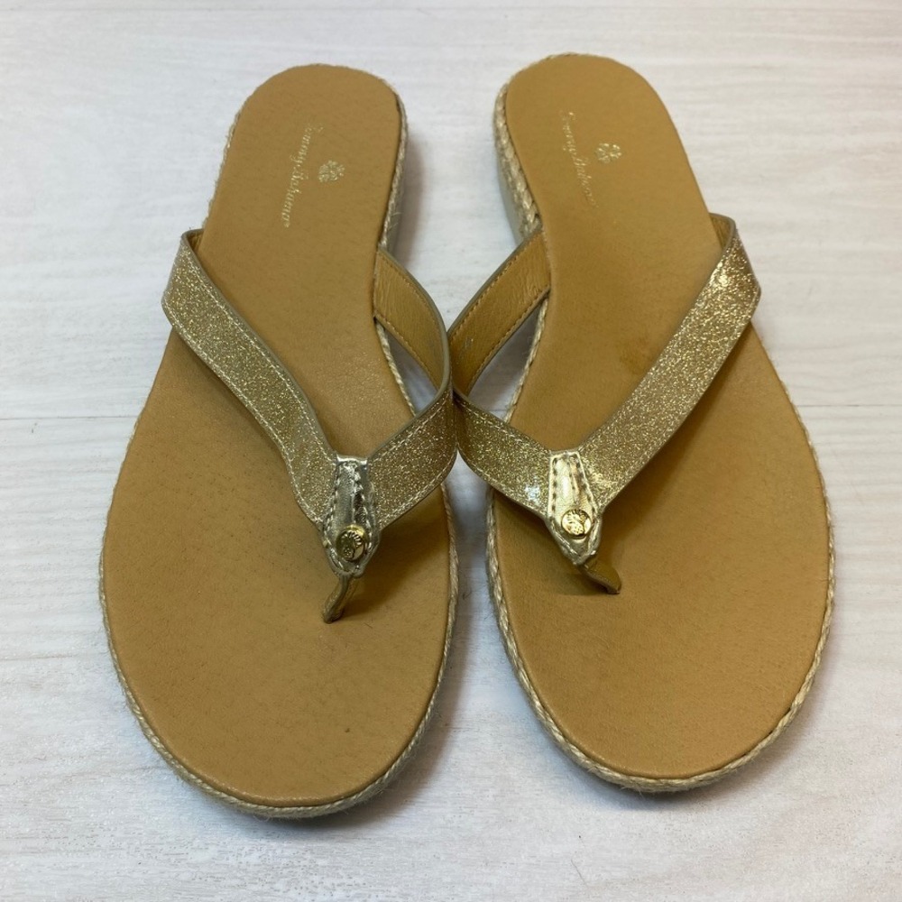 Tommy Bahama Womens 10M Flip‎ Flop Sandals Gold Glitter Espadrille Jute Thong
